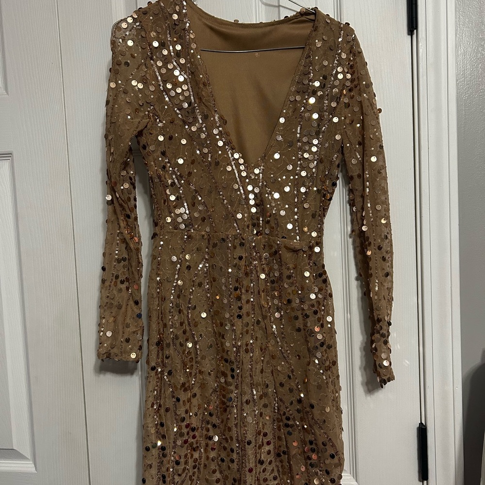 Sequin Embellished Long Sleeve Dress - Tan